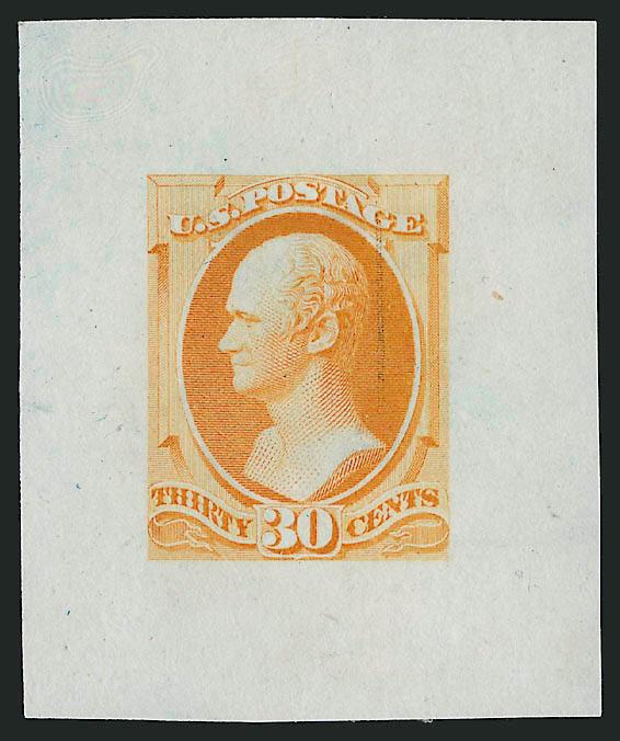 30c 1882-87 Issue, Large Die Trial Color Proofs (190TC1).> Four <unlisted colors,> Lake, Golden Yellow, Blue Green and Brown, off card and reduced to approximately 37 x 46mm, one with small hole beneath design,
one other slight India paper thins, oth
