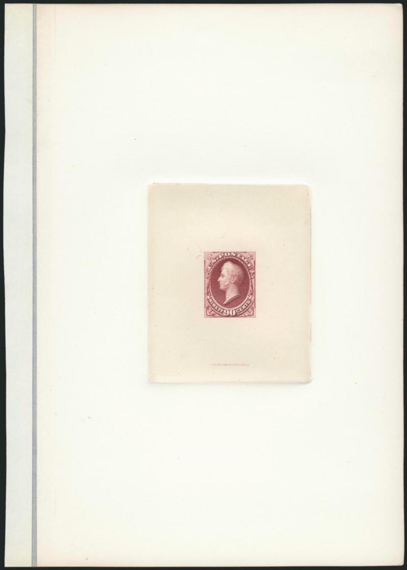 1870-79 Bank Note Issues, Large Die Proofs.> Eight proofs, incl. Nos. 151-152, 155 (three), 159, 162 (two) and 183, all die sunk on various size cards, couple reduced but well clear of die sinkage area, some
immaterial aging or soiling, still Very Fi