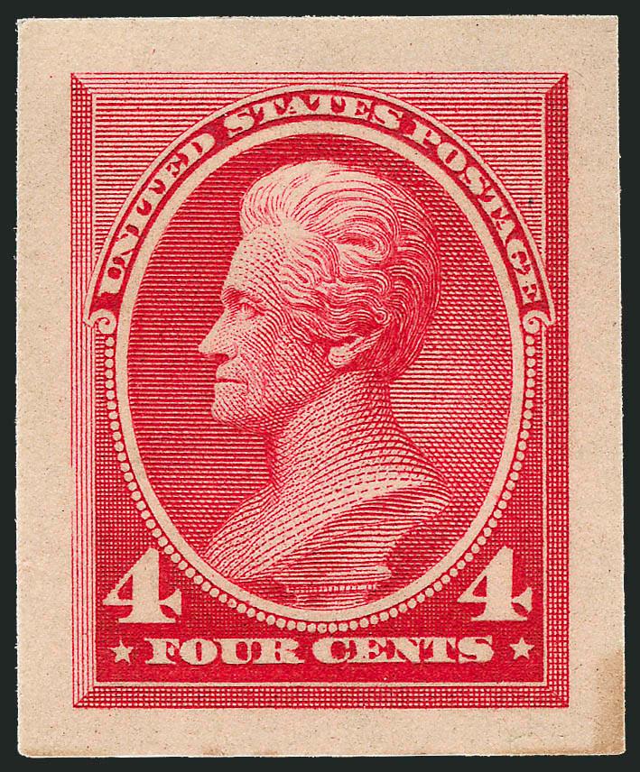 4c Carmine, Panama-Pacific Small Die Proof on Wove (215P2a).> Large margins, brilliant color, trivial toning which seems to be a characteristic of genuine Panama-Pacific Small Die Proofs, Very Fine and choice,
scarce, it is believed that between 3-5