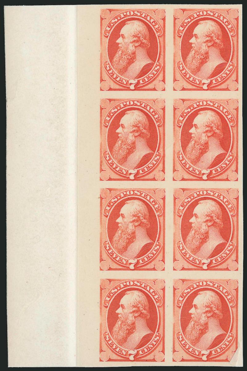 1870-88 Bank Note Issues, Plate Proofs on India and Card.> Accumulation of 27 blocks of four, two blocks of eight and three top imprint and plate no. strips of six (Nos. 166, 205 and 215), fresh and bright
colors, sixteen different, one to three dupl