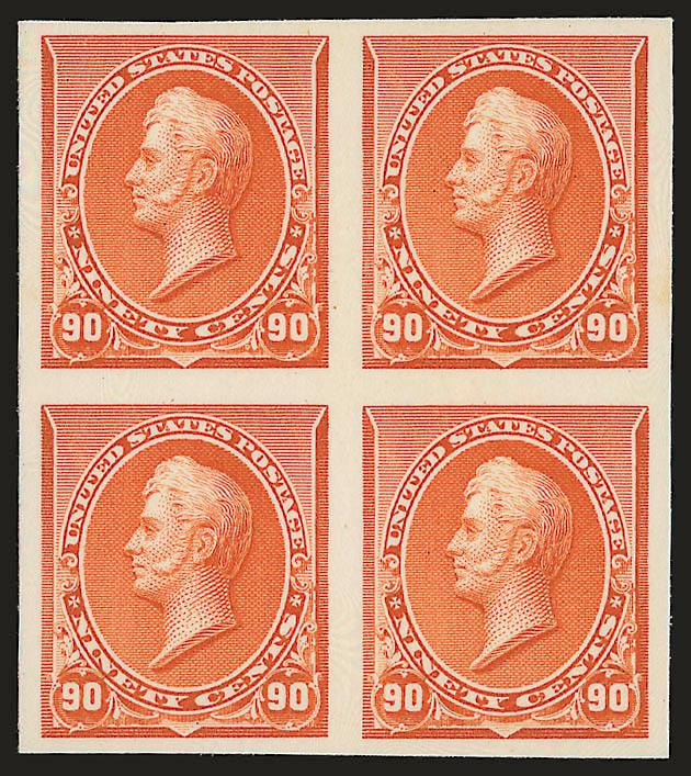 3c-90c 1890-93 Issue, Plate Proofs on Card (221P4-224P4, 226P4-229P4).> Blocks of four, fresh colors, Very Fine-Extremely Fine