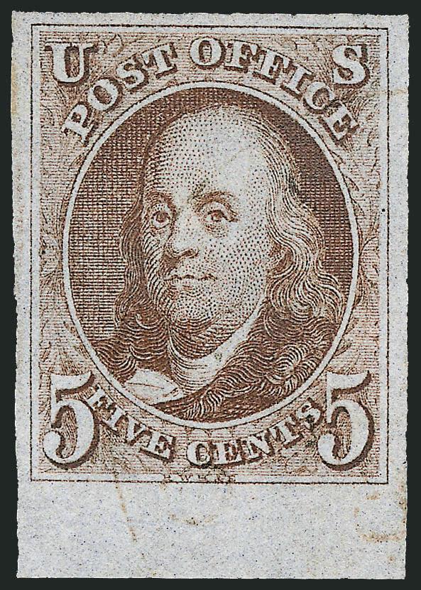5c Brown (1).> Large to enormous margins incl. <bottom sheet margin,> lovely color and impression, very light circular datestamp, horizontal crease at extreme bottom edge of sheet margin which has since been
trimmed<><>^EXTREMELY FINE GEM. A SUPERB