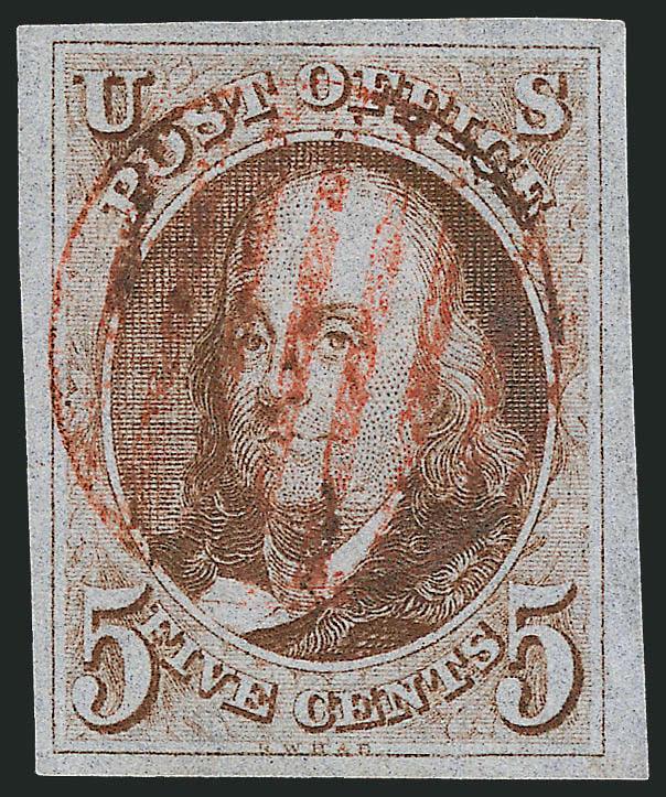 5c Red Brown (1).> Large margins all around, beautiful bright shade with lots of reddish orange, nicely complemented by a sharply struck red grid cancel, Extremely Fine Gem, with 2008 P.S.E. certificate (XF 90
SMQ $960.00), this is certainly on the
