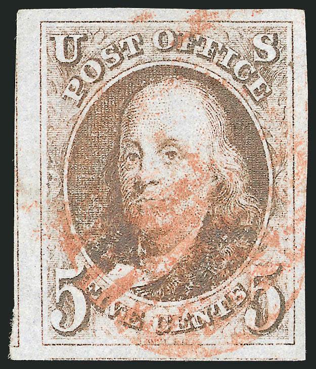5c Red Brown (1).> Huge margins all around incl. part of adjoining stamp at left, rich color, neat strike of red grid cancel, Extremely Fine Gem, with 1984 P.F. certificate