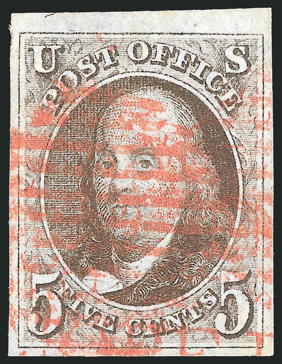 5c Red Brown (1).> Large to huge margins incl. part of <top sheet margin,> bold red square grid cancel and also part of red altimore Railroad> straightline handstamp, sharp impression, Extremely Fine, with 2001
P.F. certificate