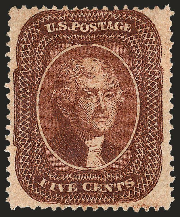 5c Orange Brown, Ty. II (30).> Unused (no gum), deep rich color and proof-like impression, wide margins, Very Fine and choice