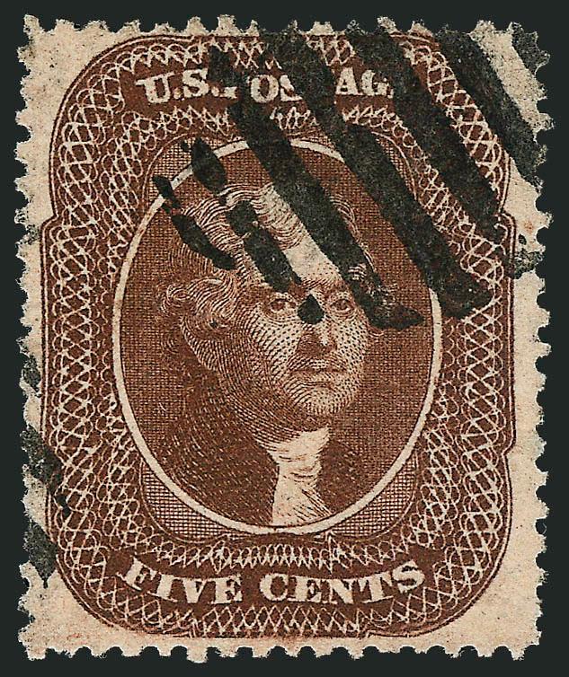 5c Brown, Ty. II (30A).> Choice margins and centering, wonderful deep rich color, bold <dark blue> rimless grid cancel, Extremely Fine, with 1982 P.F. and 2008 P.S.E. certificates (XF 90 SMQ $860.00)
