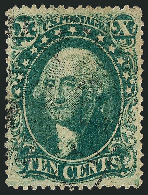 10c Green, Ty. IV (34).> Position 55L1, recut at bottom, handsome centering and margins with perforations clear all around, deep rich color, light, essentially face-free circular datestamp<><>^VERY FINE AND
CHOICE. AN ESPECIALLY ATTRACTIVE USED EXA
