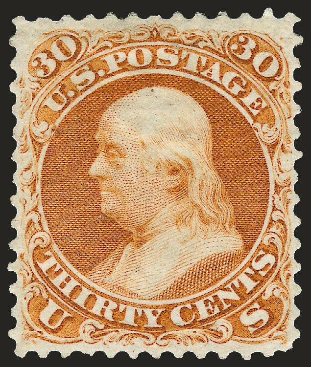 30c Brownish Orange, Re-Issue (110).> Original gum, magnificent centering with perforations clear of the design all around, deep rich color<><>^EXTREMELY FINE. THE 30-CENT IS ONE OF THE MOST DIFFICULT VALUES OF
THE 1861 RE-ISSUES TO FIND CENTERED A