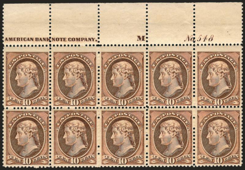 10c Brown (209).> Mint N.H. top imprint and plate no. 548 block of ten, beautiful color, wide margins with bottom stamps particularly well-centered, few light natural gum bends as often found on this
issue<><>^VERY FINE-EXTREMELY FINE. A SCARCE MIN