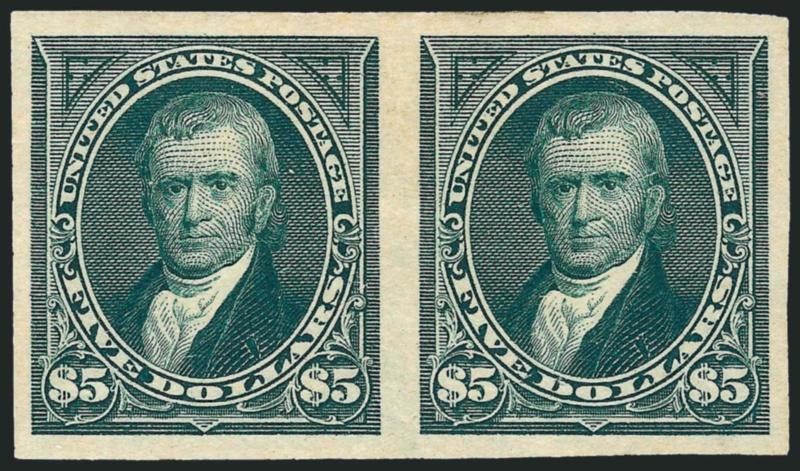 $5.00 Dark Green, Imperforate (278a).> Horizontal pair, original gum, lightly hinged, large margins, fresh and crisp, rich color<><>^EXTREMELY FINE. AN OUTSTANDING IMPERFORATE PAIR OF THE $5.00 1895 BUREAU
ISSUE.^<><>With 1988 P.F. certificate
