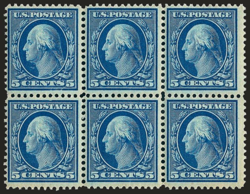5c Blue (335).> Mint N.H. block of six, deep rich color, two stamps small natural gum skips, Fine, Scott Retail as singles