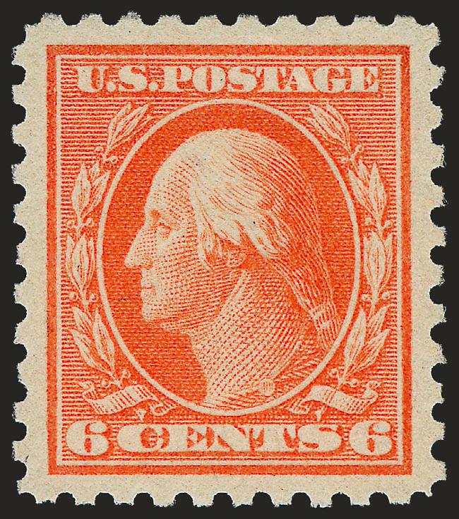 6c Red Orange (468).> Mint N.H., vibrant color as fresh as the day it was printed, perfectly centered with wide margins<><>^EXTREMELY FINE GEM. THIS REMARKABLE STAMP HAS BEEN AWARDED THE GRADE OF SUPERB 98 BY
P.S.E. -- THIS IS THE HIGHEST GRADE AWA