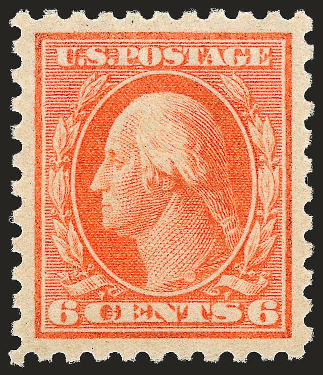 6c Red Orange (468).> Mint N.H., radiant color as fresh as the day it was printed, perfectly centered with wide and balanced margins, long and full perforations all around<><>EXTREMELY FINE GEM. A SUPERB MINT
NEVER-HINGED EXAMPLE OF THE 6-CENT 1916