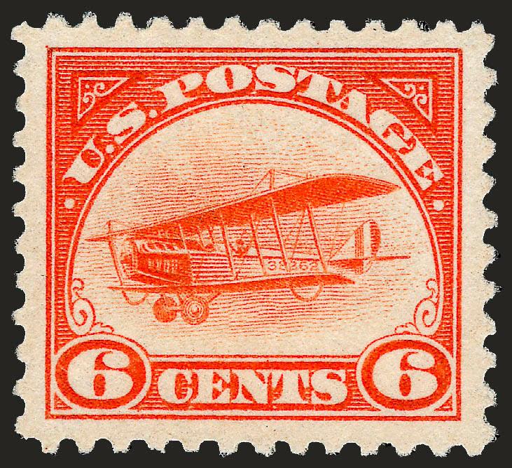 6c Orange, 1918 Air Post (C1).> Mint N.H., incredibly wide margins of very nearly Jumbo size, wonderful vivid color, Extremely Fine Gem, with 2007 P.F. certificate (XF-Superb 95 SMQ $640.00)