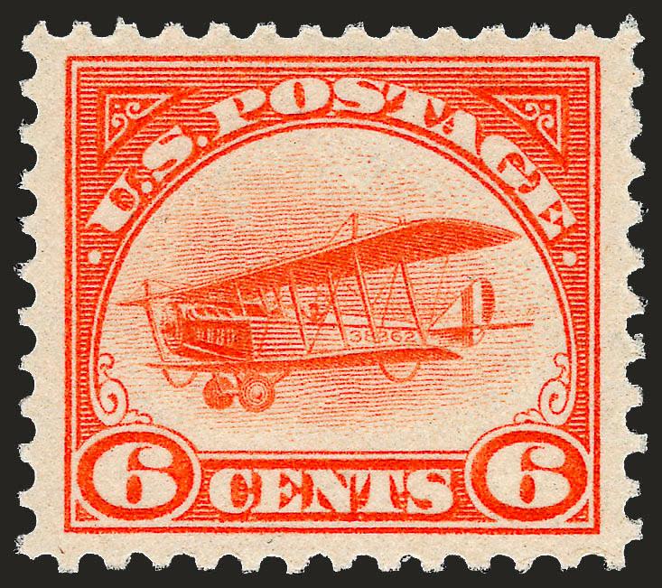 6c Orange, 1918 Air Post (C1).> Mint N.H., choice margins and essentially perfectly centered, bright and crisp, Extremely Fine Gem, with 2007 P.S.E. certificate (XF-Superb 95 SMQ $640.00)