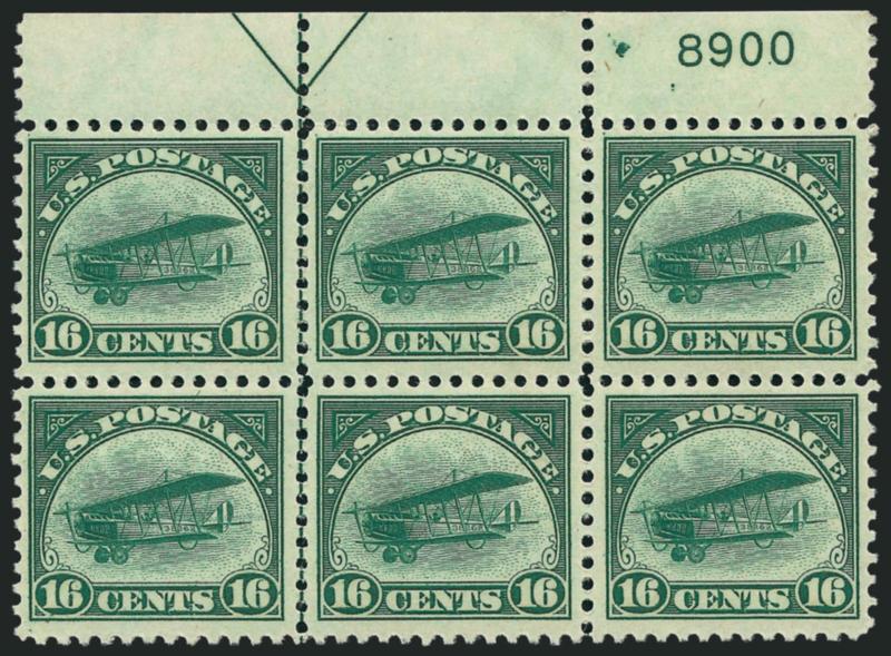 16c Green, 1918 Air Post (C2).> Mint N.H. arrow and plate no. 8900 block of six, Very Fine