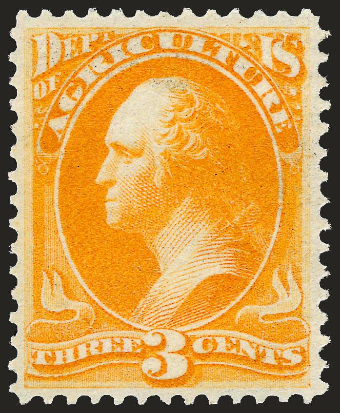 3c Agriculture (O3).> Original gum, lightly hinged, exceptionally well-centered, beautiful glowing color, Extremely Fine, with 2008 P.F. certificate (XF-Superb 95 SMQ $910.00)