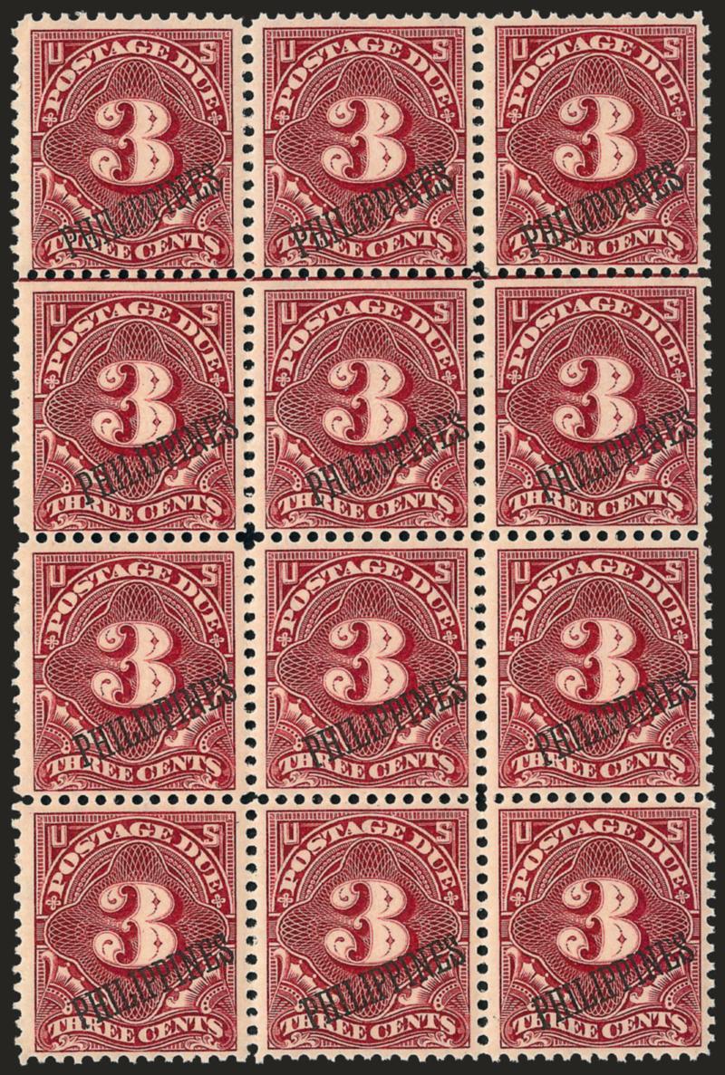 PHILIPPINES, 1901, 3c Deep Claret, Postage Due (J6).> Mint N.H. block of twelve, deep rich color, choice centering, fine-Very Fine, Scott Retail as singles