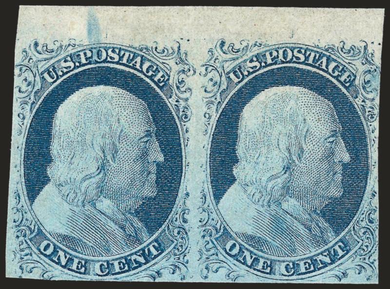 1c Blue, Ty. II-IV (7-9).> Positions 4-5R1L, <Position 4R1L is the only one on Plate 1L which was not recut,> thus this pair is a combination of Types II and IV, unused (no gum), margins mostly clear to ample
with a large <top sheet margin> showing t