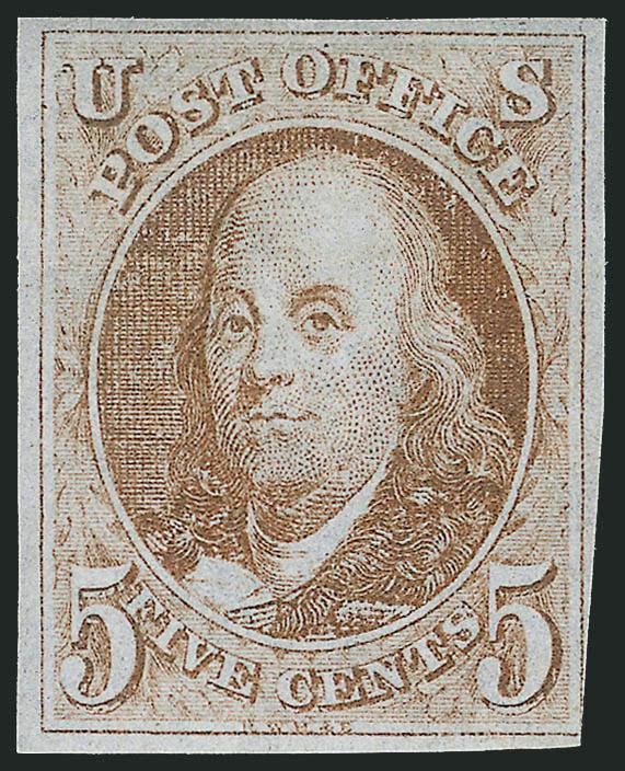 5c Red Brown (1).> Original gum harshly described by the P.F. as redistributed part original gum, small h.r. at top, full margins to just touching at bottom right, sharp impression, faint horizontal
crease<><>^FINE APPEARANCE. A BRIGHT AND FRESH