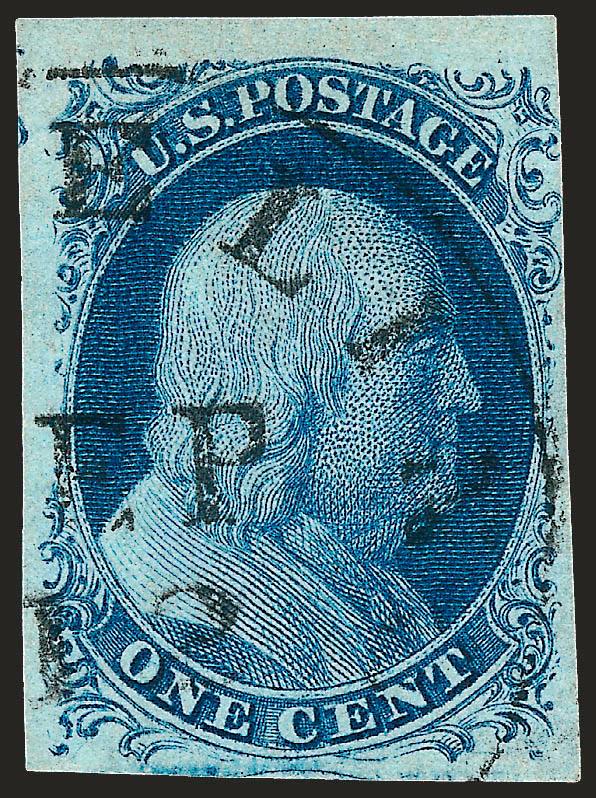 1c Blue, Ty. IV (9).> Position 7L1L, recut twice at bottom (only 11 on plate), large margins to barely in at upper right ornament, town datestamp, unusual bright blue shade from early Plate 1L printing, Very
Fine, with 1989 P.F. certificate