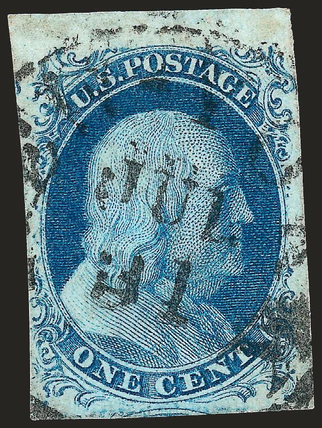 1c Blue, Ty. IV (9).> Position 10L1L, recut twice at bottom (only 11 on plate), large margins incl. <top sheet margin,> touched at lower left ornament, New York datestamp, unusual bright blue shade from early
Plate 1L printing, Very Fine, with 1986 P