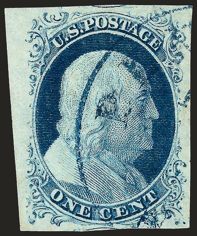 1c Blue, Ty. IV (9).> Recut once at top, large to huge margins showing bits of stamps above and below, <blue town datestamp,> Extremely Fine, ex Argentum