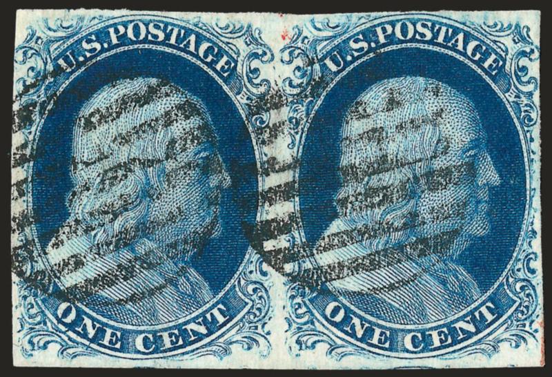 1c Blue, Ty. IV (9).> Positions 72-73L1L, horizontal pair, both recut once at top and bottom, full margins to just touched, beautiful deep shade and early impression, grid cancels, Very Fine and choice, with
1986 P.F. certificate