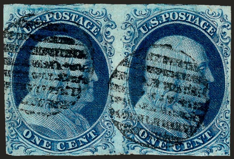 1c Blue, Ty. IV (9).> Two horizontal pairs, large margins to just touched, rich color, one with grid cancels, other with circular datestamp, Fine-Very Fine