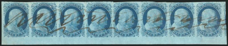 1c Blue, Ty. IV (9).> Positions 91-98R1L, horizontal strip of eight, all recut once at top, 98R double transfer, enormous margins to just touched at top of one stamp incl. part of five adjoining stamps and
<sheet margin at bottom,> deep rich color, m