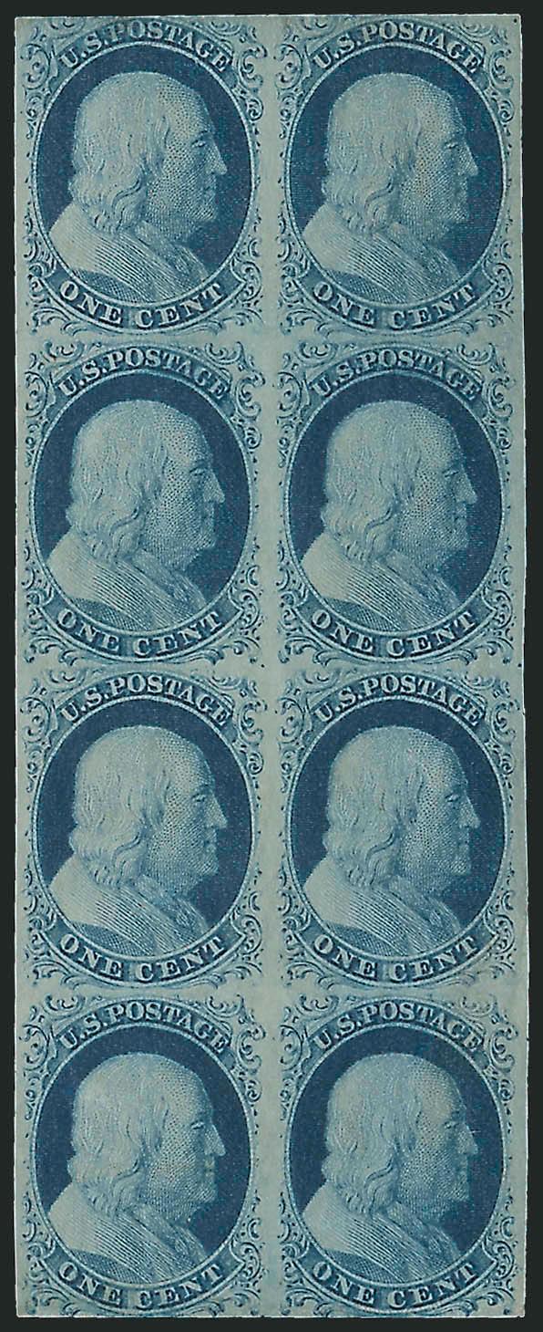 1c Blue, Ty. II (7).> Positions 36-3746-4756-5766-67R2, vertical block of six, small part original gum, large margins to slightly in, bright shade, top left and bottom left stamps have small vertical creases,
bottom pair horizontally creased<><>