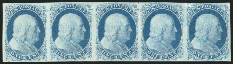 1c Blue, Ty. II (7).> Plate 2, horizontal strip of five, unused (no gum), full even margins, deep color, four stamps with small faults, otherwise Extremely Fine, with 2002 P.F. certificate, Scott Retail as
singles