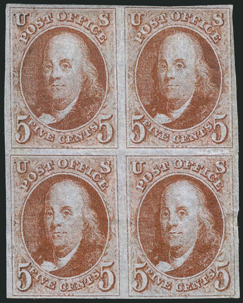 5c Red Brown (1).> Block of four, original gum, full to large margins all around, gorgeous bright shade with very strong reddish hue on deeply blued paper, exceptionally fresh, the naturally crackly gum has
caused some vertical wrinkles (typical of R