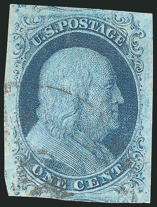 1c Blue, Ty. II (7).> Plate 2, huge margins all around incl. part of adjoining stamps at top and bottom, incredibly deep rich color from an underwiped plate, neat strike of circular datestamp, Extremely Fine
Gem, a stunning stamp, with 1986 and 2000