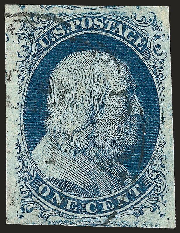 1c Blue, Ty. II (7).> Plate 2, mostly large margins showing portions of adjoining stamps at top and bottom, lightly cancelled by town datestamp, Extremely Fine, with 2001 P.F. certificate