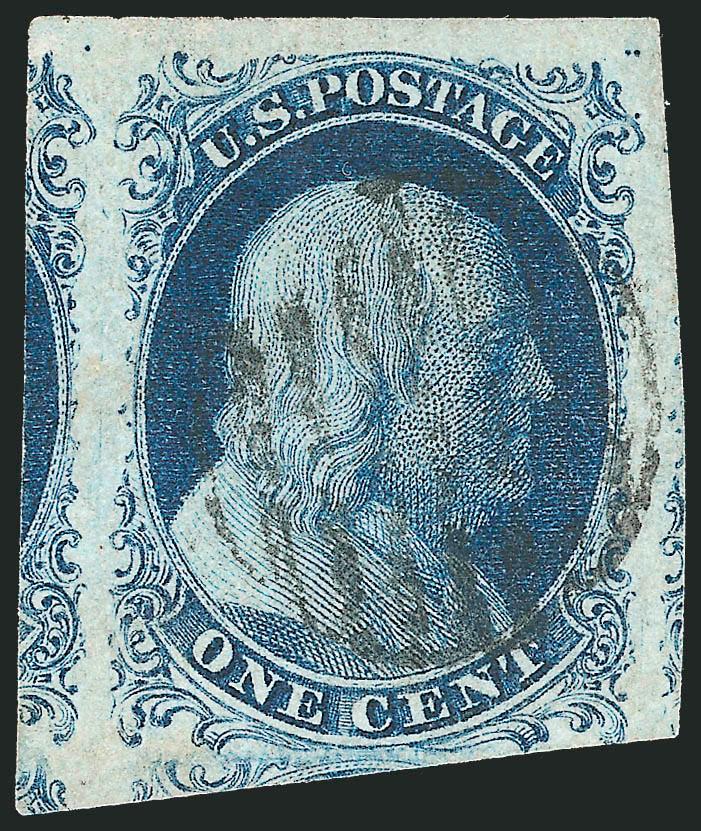 1c Blue, Ty. II (7).> Position 9R2, intense color, huge margins to just barely in incl. part of adjoining stamps at sides and part of <sheet margin at top,> grid cancel, Very Fine and choice, with 1989 P.F.
certificate