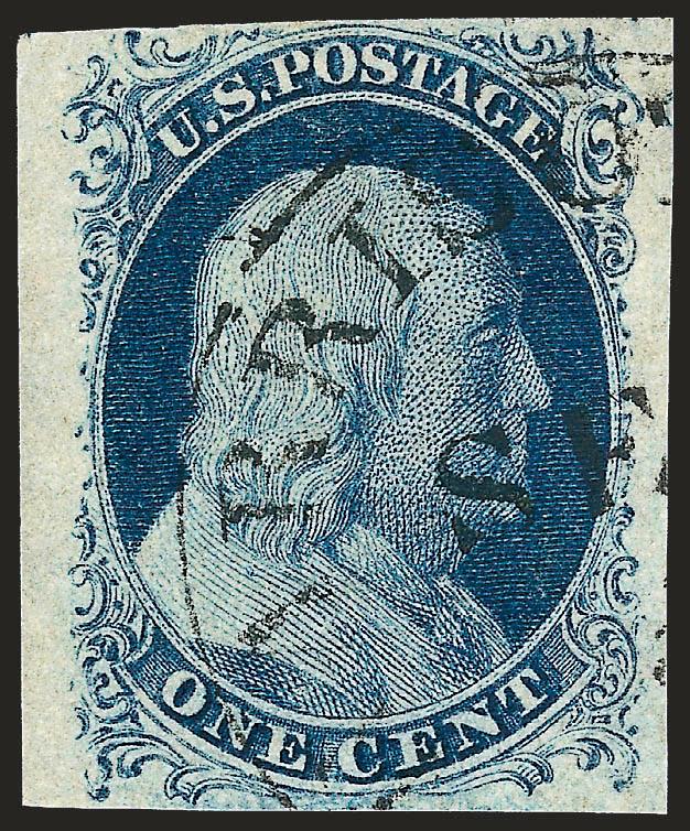 1c Blue, Ty. II (7).> Plate 2, large margins to just clear at top, rich color, neat town datestamp, fresh and Very Fine, with 2002 P.F. certificate