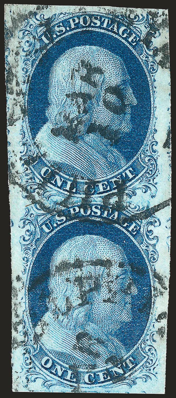 1c Blue, Ty. II (7).> Positions 212R2, vertical pair, large to huge margins showing bits of adjoining stamps, bright shade, cancelled by Philadelphia datestamps, Extremely Fine, a superb pair, with 1992 P.F.
certificate