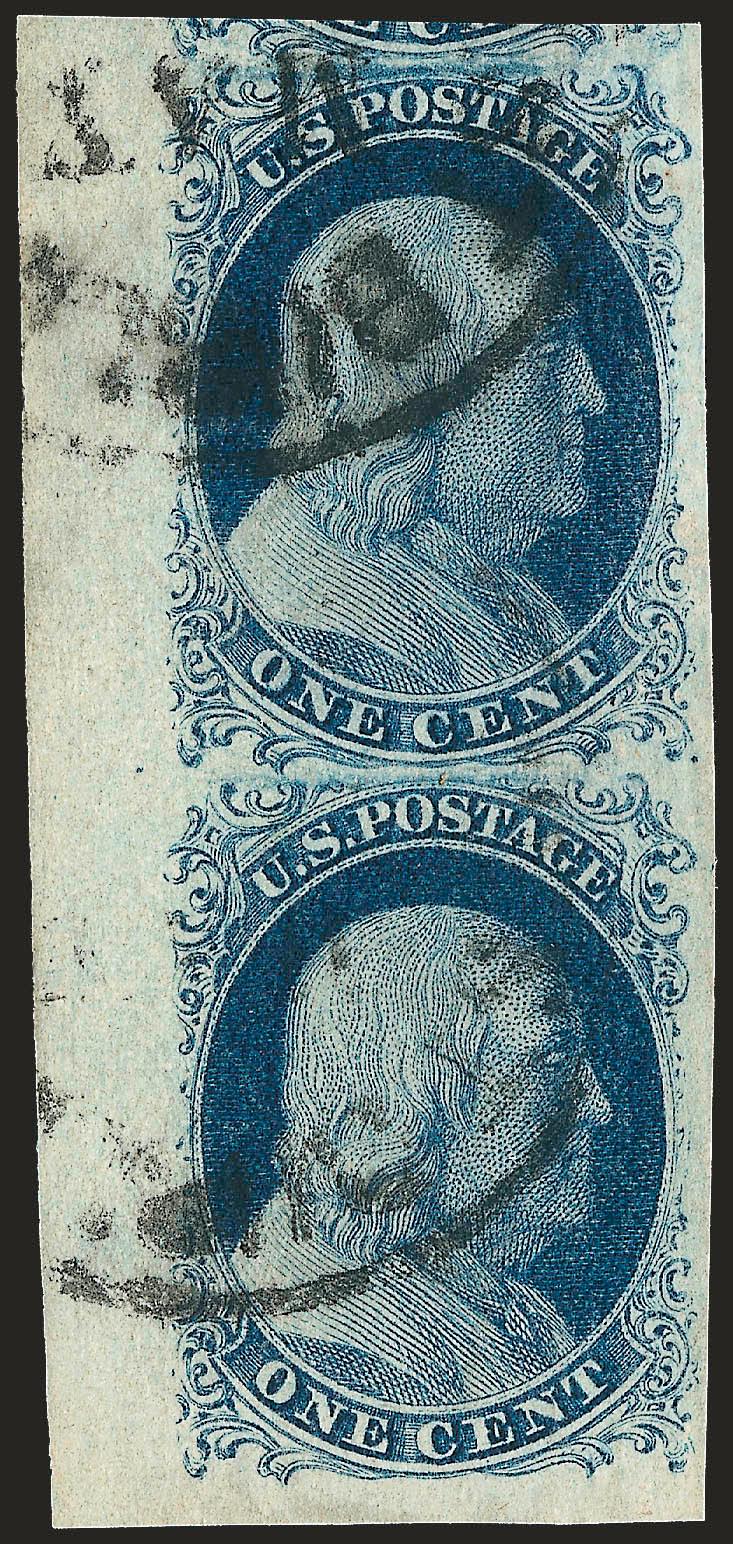 1c Blue, Ty. II (7).> Positions 8191R2, vertical pair with <large left sheet margin,> large to huge margins all around, cancelled by town datestamp, deep rich color, certificate notes that top stamp has a small
slight crease and tiny surface scrapes