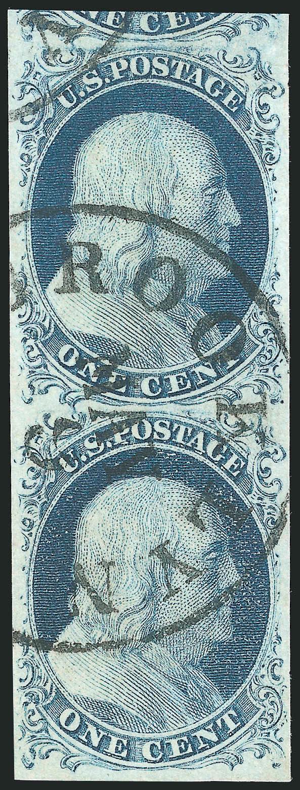 1c Blue, Ty. II (7).> Positions 8999L2, vertical pair, large margins all around incl. large part of adjoining stamp at top, neat strike of Brooklyn N.Y. circular datestamp, top stamp has small scissors cut at
top right, otherwise Extremely Fine, wit