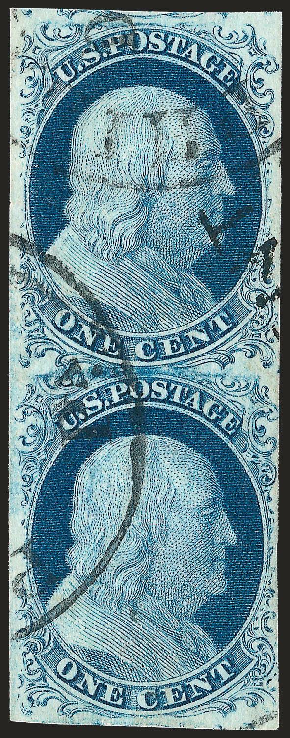 1c Blue, Ty. II (7).> Plate 2, vertical pair, full margins to clear at lower right, rich color, Philadelphia datestamps, Very Fine, with 1986 P.F. certificate