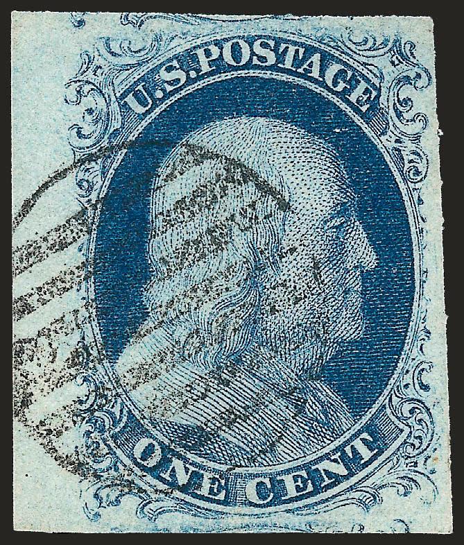 1c Blue, Ty. IIIa (8A).> Position 11R2, <a late impression from Plate 2 with broken line at top,> large to huge margins including <left sheet margin> and traces of adjoining stamps at top and bottom, sharp grid
cancel, Extremely Fine, a very rare sta