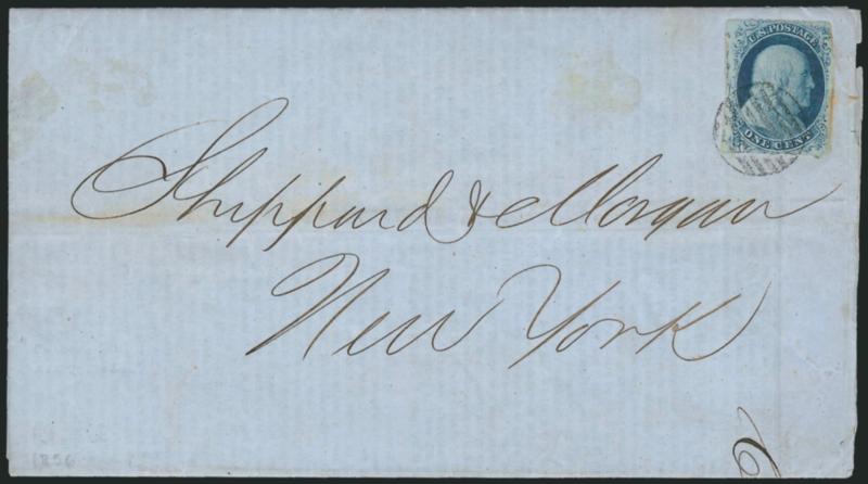 1c Blue, Ty. II, Plate 2 Crack (7 var).> Position 13L2 with crack at lower left, mostly ample margins, bright shade, tied by grid cancel on light blue Aug. 27, 1856 printed market report from Chicago to New York
City, stamp has minor faint toning at