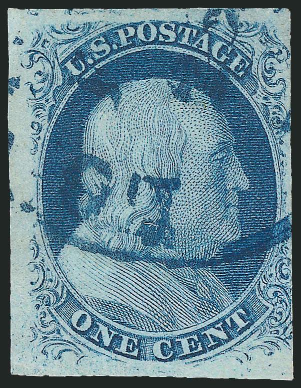 1c Blue, Ty. III, Position 99R2 (8).> Three huge margins incl. part of adjoining stamp at top, just in at right, bright color, neat strike of <blue circular datestamp> which leaves the characteristics of this
distinctive position clearly visible, sma