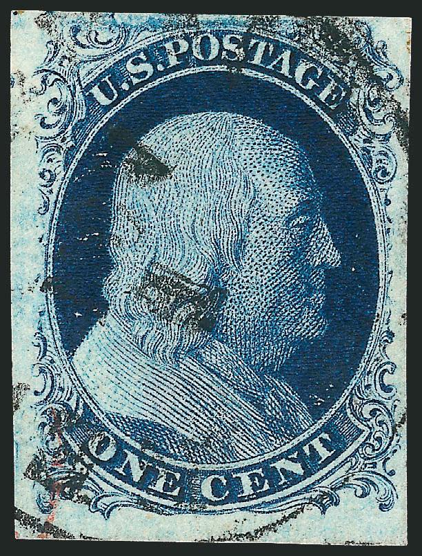 1c Blue, Ty. II, Plate 3 (7).> Position 92R3, full to large margins, distinctive Plate 3 dark Prussian Blue shade, neatly cancelled by town datestamp, Very Fine and choice, examples of the 1c 1851 which can be
definitively plated to Plate 3 are very