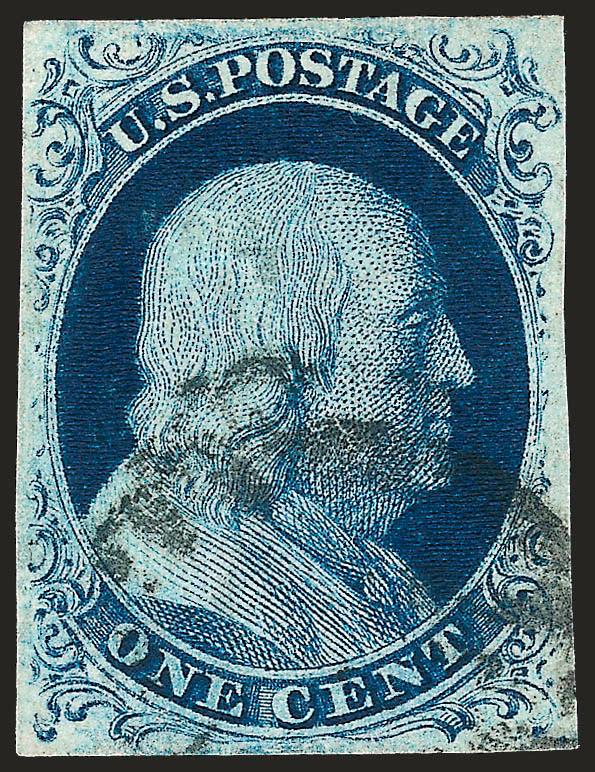 1c Blue, Ty. II, Plate 3 (7).> Position 21R3, full even margins all around, gorgeous dark Prussian Blue shade of Plate 3 printings, lightly cancelled, Very Fine and choice, stamps assigned to positions on this
plate are scarce, with 1998 P.F. certifi