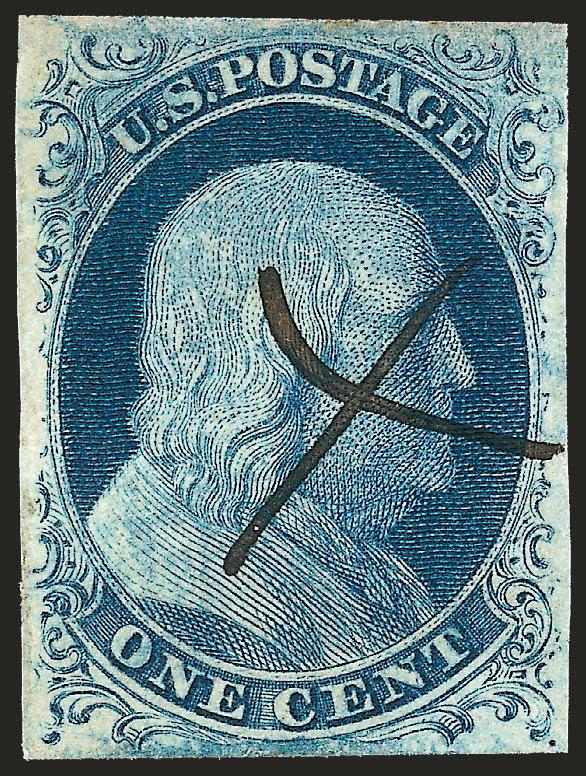 1c Blue, Ty. II, Plate 3 (7).> Full even margins, distinctive deep Plate 3 shade and mottled impression, neat ms. X cancel, Very Fine and choice