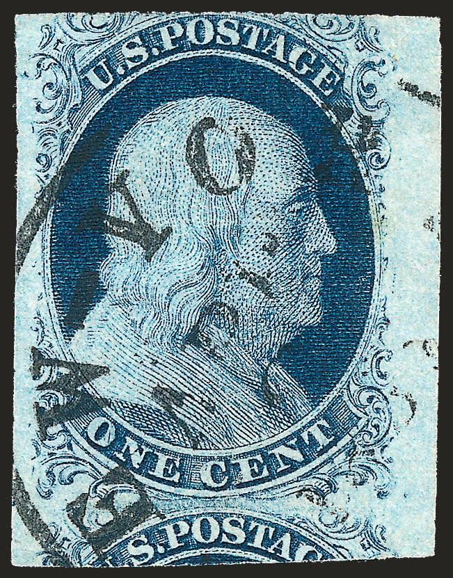 1c Blue, Ty. II, Plate 3, Double Transfer (7 var).> Position 30R3, three enormous margins including <right sheet margin> and large part of stamp below, slightly in at top, New York circular datestamp, tiny tear
in sheet margin at right center, utterl