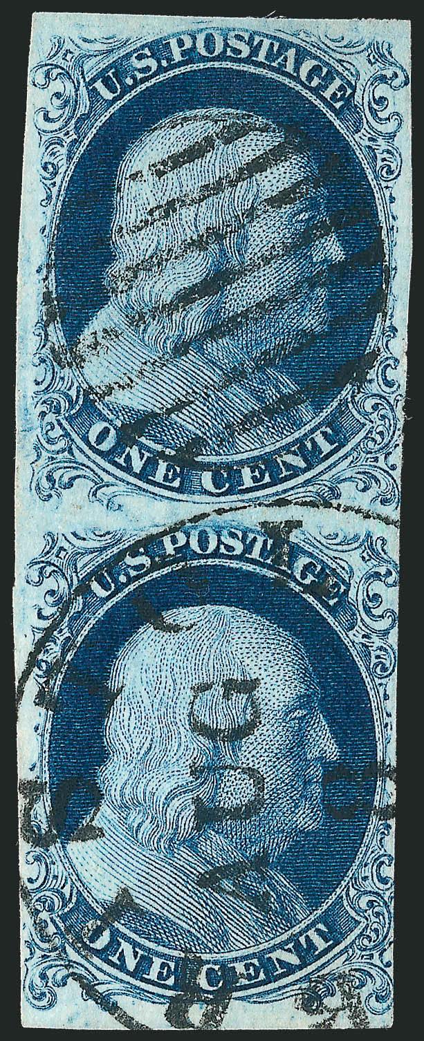 1c Blue, Ty. IIIaIa (8A6).> Positions 90100L4, the top stamp Type IIIa with wide break in top line, the bottom stamp Type Ia with full plumes, gorgeous dark Plate 4 shade and proof-like impression, top stamp
cancelled by sharp strike of grid, bott